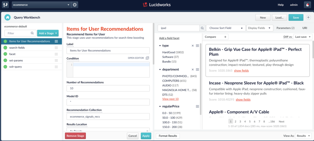 Screenshot of Lucidworks Fusion's Items for User Recommender