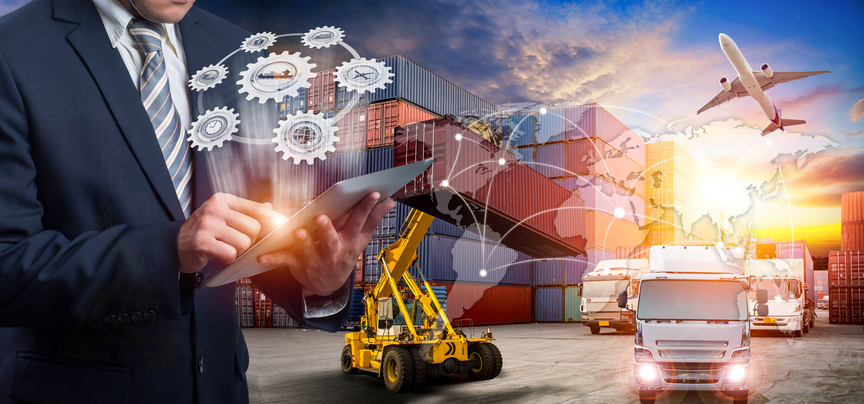 Businessman is pressing button on touch screen interface in front for Logistic Import Export background, the concept of communication network internet of things and logistic.