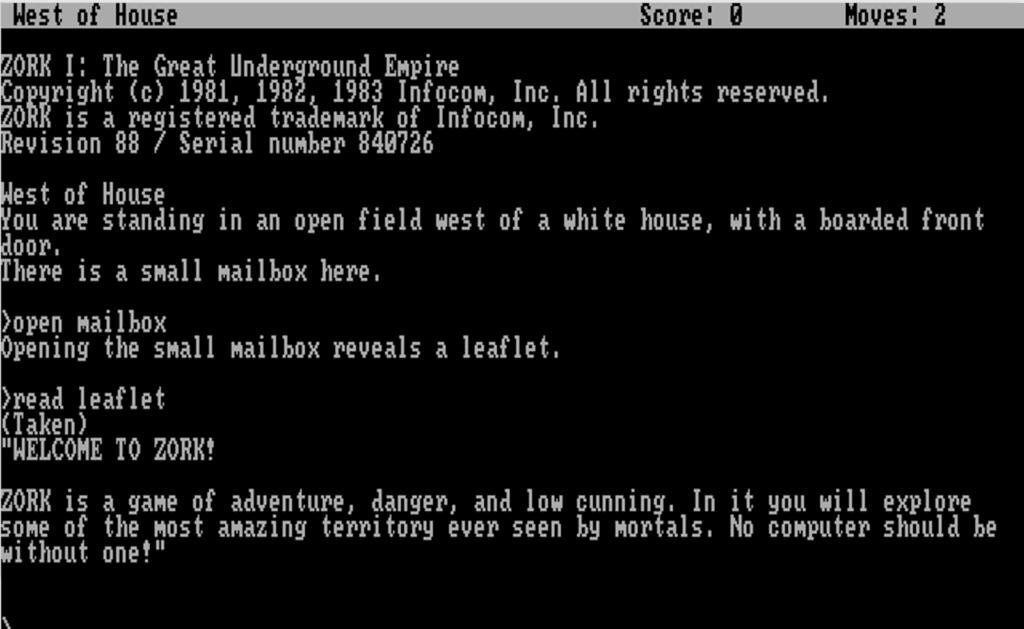 Screenshot of the 1980s computer game called Zork