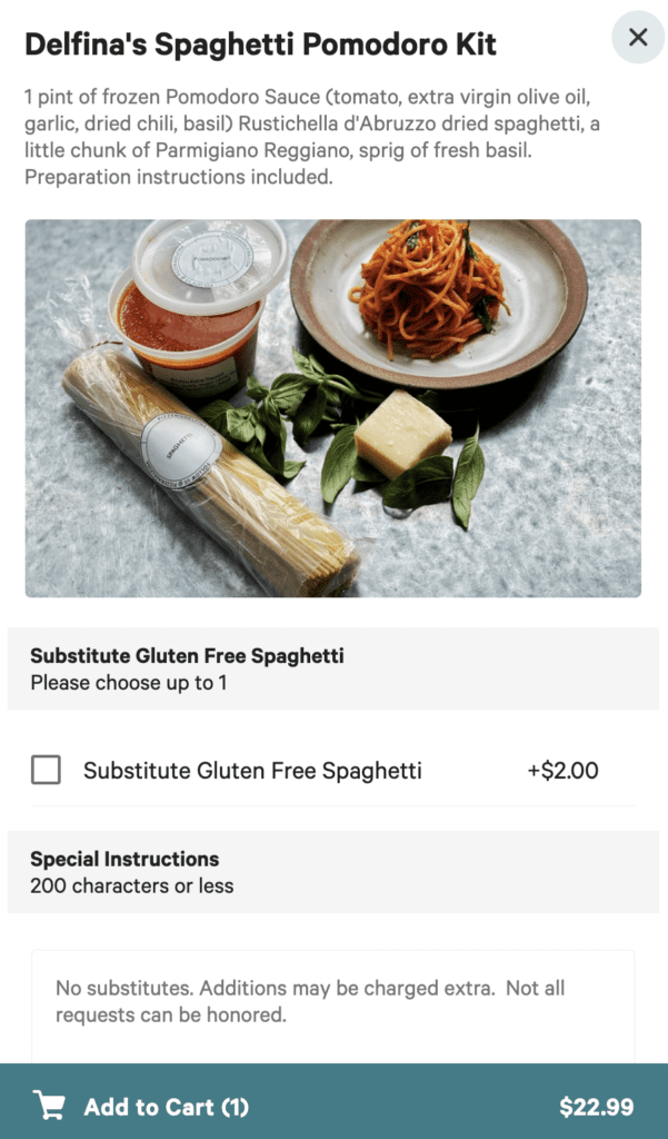 Online meal kit from Delfina