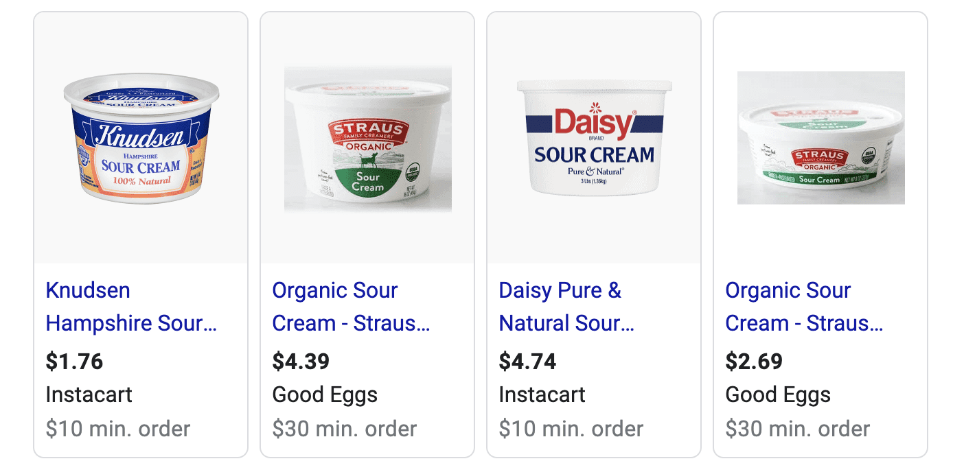 product search organic sour cream with prices