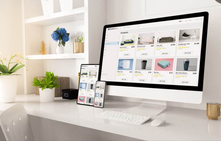 online shop website on home office setup 3d rendering, represents the concept of replacing an older, outdated system (Endeca) with a newer, more compatible one. This signifies advantages of the new system, such as its improved functionality and efficiency.