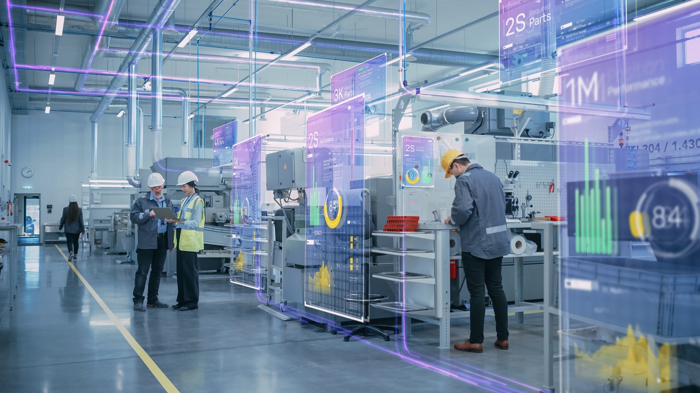 Factory Digitalization: Two Industrial Engineers Use Tablet Computer, Big Data Statistics Visualization, Optimization of High-Tech Electronics Facility; Manufacturing with Generative AI. Industry 4.0 Machinery Manufacturing Products