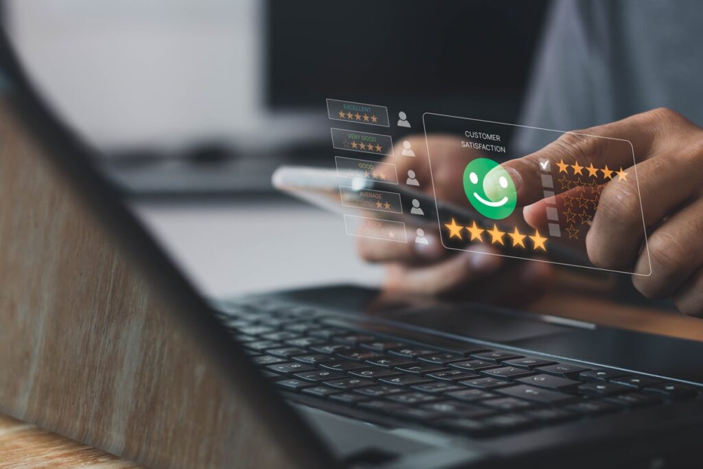 Customer review satisfaction feedback survey concept, User give rating to service experience on online application, Customer can evaluate quality of service leading to reputation ranking of business.