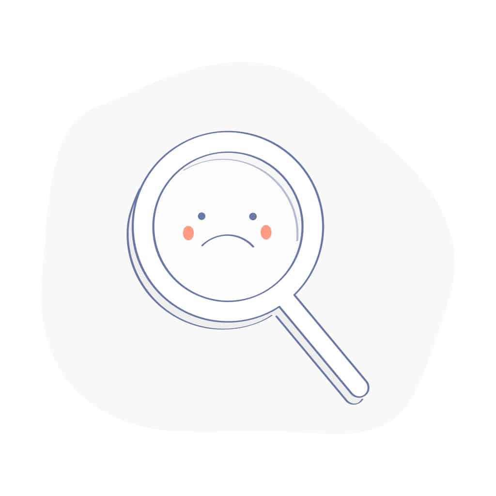Upset magnifying glass, cute not found symbol, unsuccessful search, zoom, 404 icon, no suitable results, oops, failure concept. Flat outline vector illustration of loupe or magnifier on white.