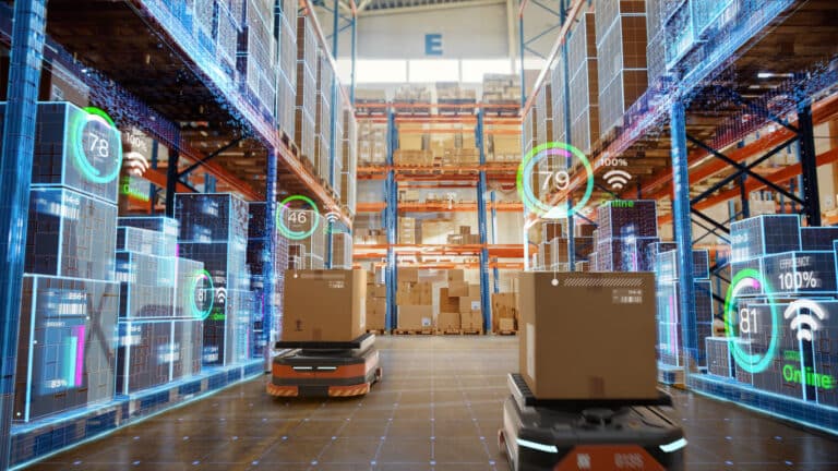 AI in manufacturing and distribution; Future Technology 3D Concept: Automated Retail Warehouse AGV Robots with Infographics Delivering Cardboard Boxes in Distribution Logistics Center. Automated Guided Vehicles Goods, Products, Packages