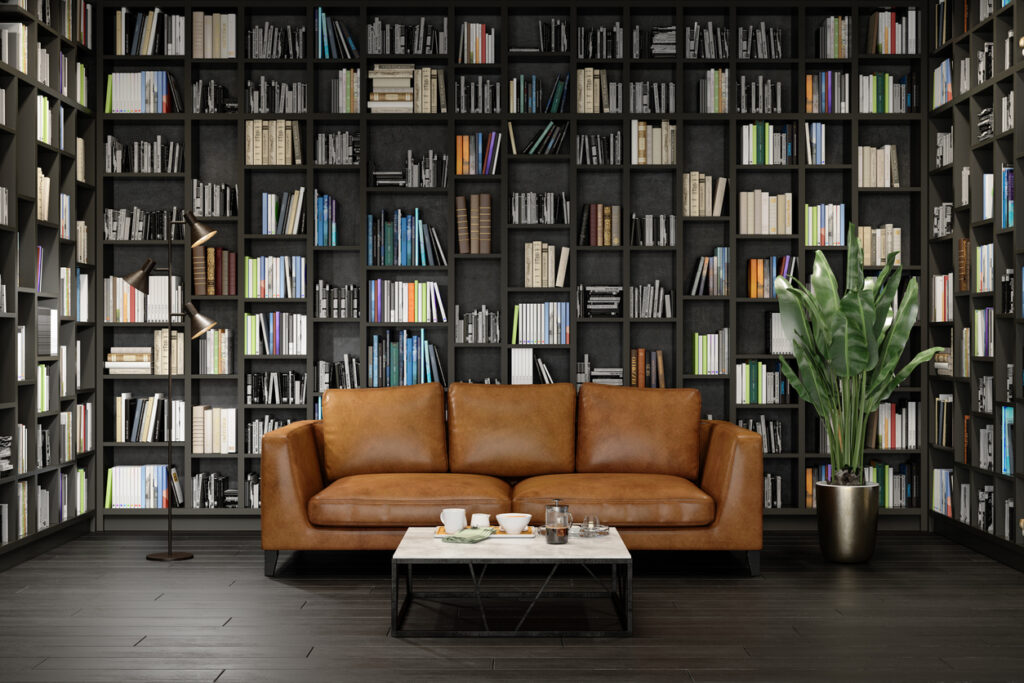 Room Interior With Front View Of Leather Sofa, Coffee Table And Bookshelf.