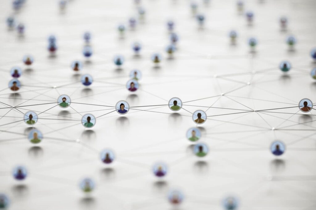 A virtual social network features connected 3D low-poly avatars.