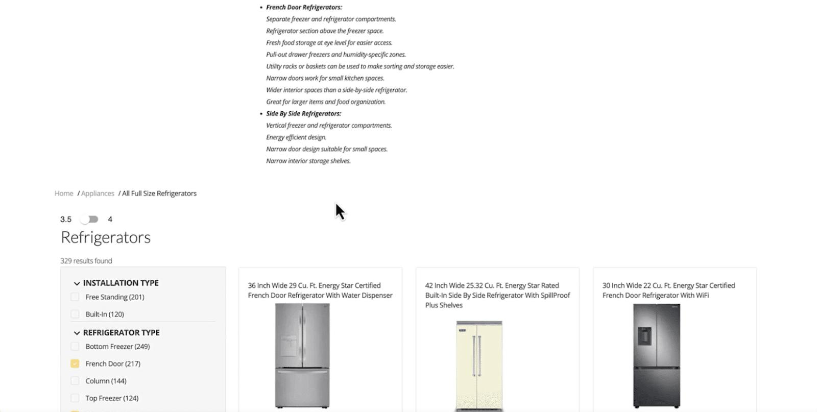A screenshot of a product listing page for refrigerators on a retail website, powered by Lucidworks AI. The page features filter options for installation type and refrigerator type, along with a search bar and sorting options. Three refrigerator models are displayed, each with a brief description and image.