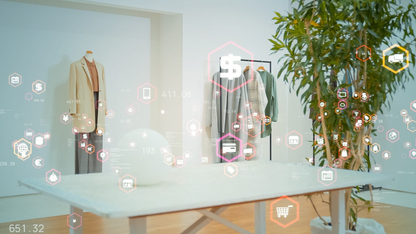 A retail store scene with a mannequin displaying clothing and a table showcasing various digital icons representing sales data, payment methods, shipping, and AI-powered retail analytics tools. The image highlights the integration of generative AI in enhancing the retail experience.