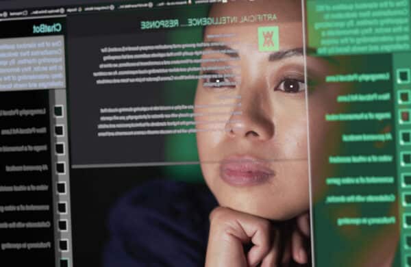 Asian woman studying a see through screen which is producing lines of AI generated text. A ChatBot similar to A.I. is being read attentively by this woman, representing increased generative AI adoption and concerns around Gen AI.