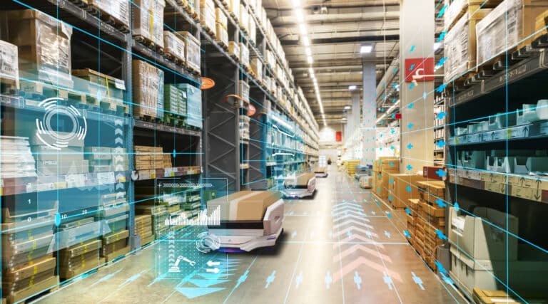 Two autonomous mobile robots (AMRs) navigate a warehouse aisle, demonstrating the power of generative AI in modern commerce operations to improve accuracy and efficiency.