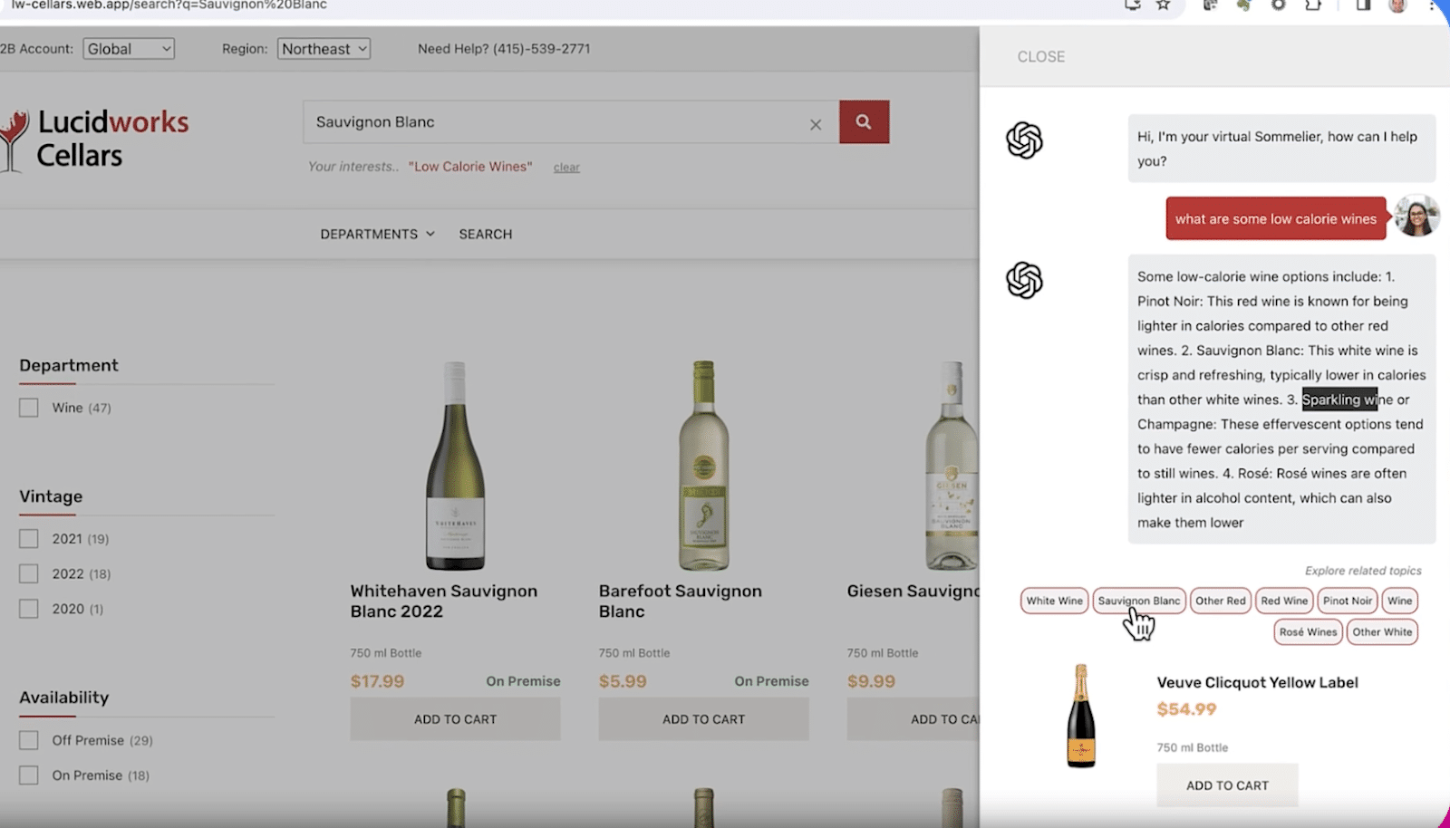Lucidworks AI demo showcasing generative AI with guardrails in a wine sommelier setting.