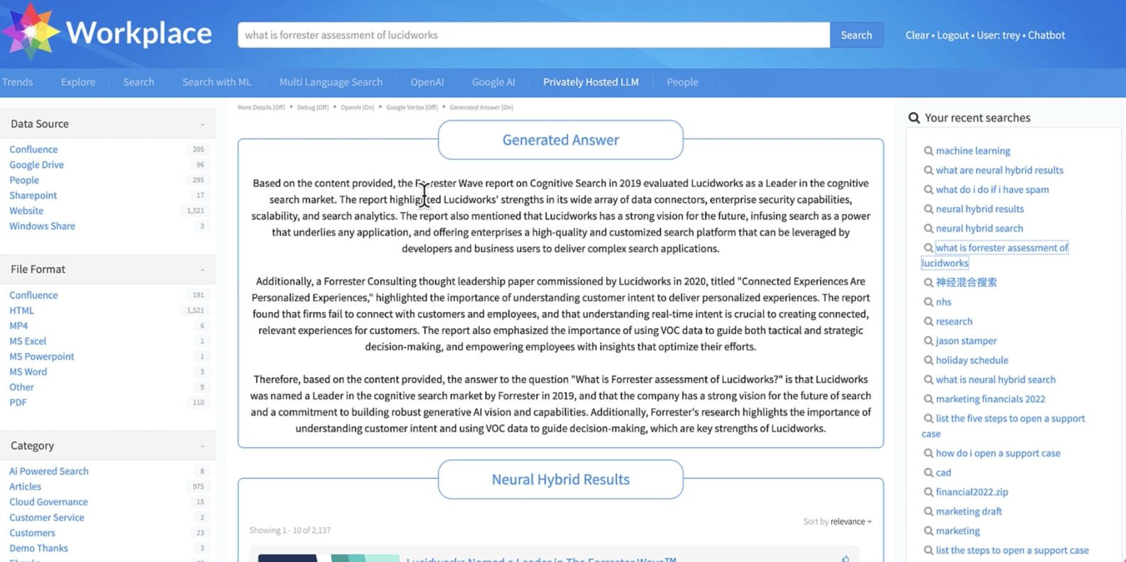 A screenshot of a webpage showcasing Lucidworks' knowledge management solution powered by generative AI. 