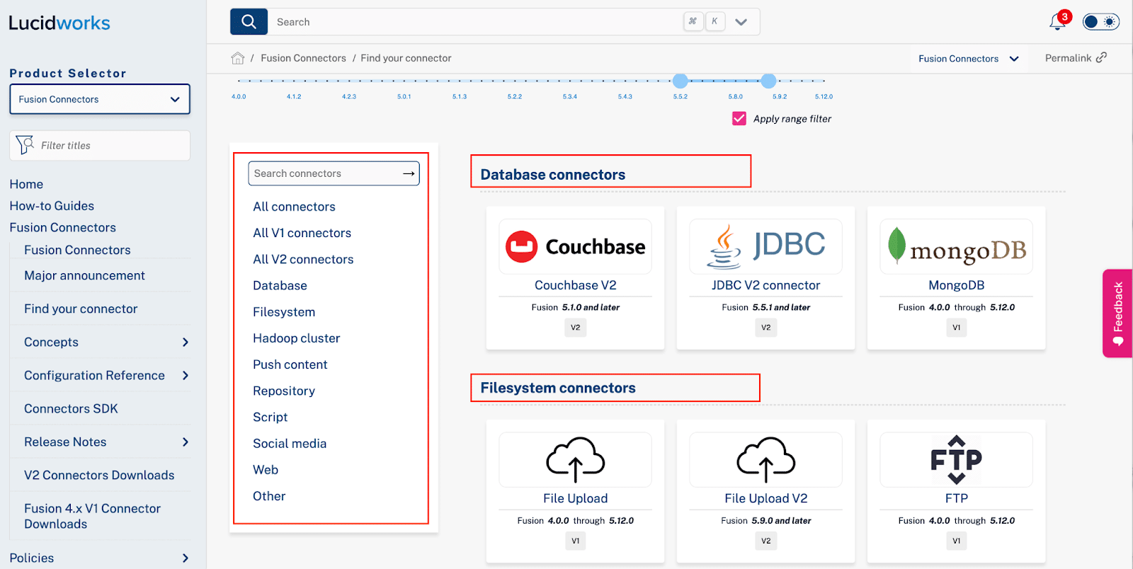 Lucidworks Fusion Connectors page showcasing available connectors 