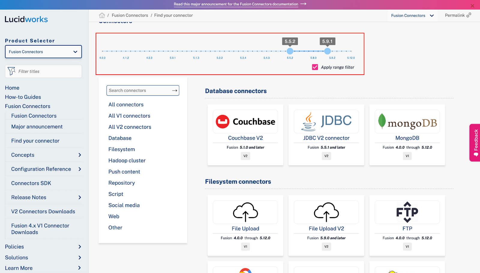 A screenshot of the Lucidworks Fusion Connectors page, showcasing the "Product Selector" filter with a slider to select specific Fusion versions, and a list of available database connectors, including Couchbase, JDBC, and MongoDB.