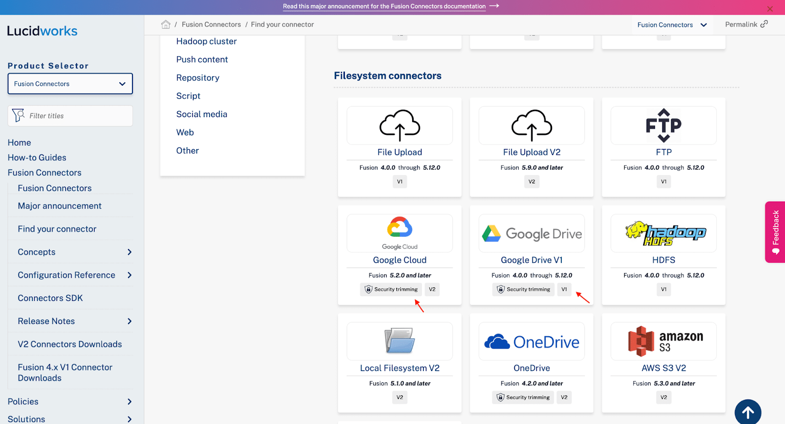 A screenshot of the Lucidworks Fusion Connectors page, showcasing the "Filesystem connectors" section with options like File Upload, Google Drive, Hadoop, and more. It also highlights the "Security trimming" feature available for certain connectors.