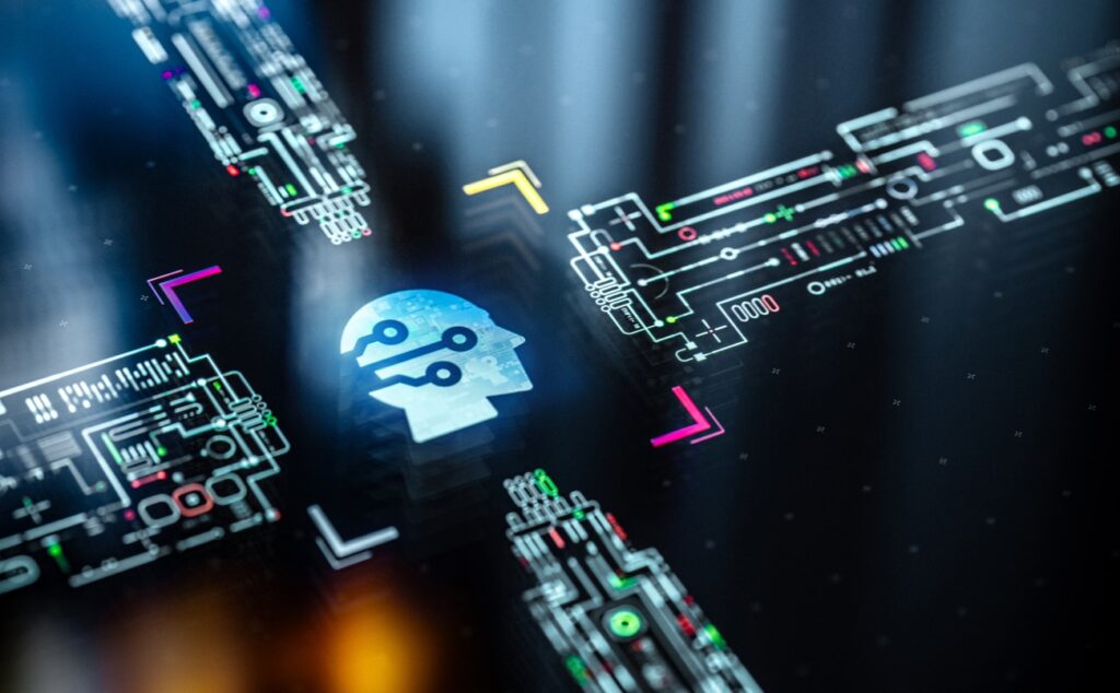 The power of modern AI engines. AI central core processing and transferring data between different units. Futuristic visualisation of modern innovative AI technologies