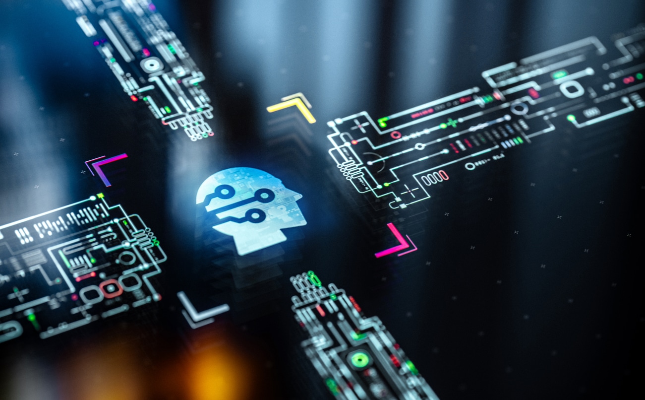 The power of modern AI engines. AI central core processing and transferring data between different units. Futuristic visualisation of modern innovative AI technologies