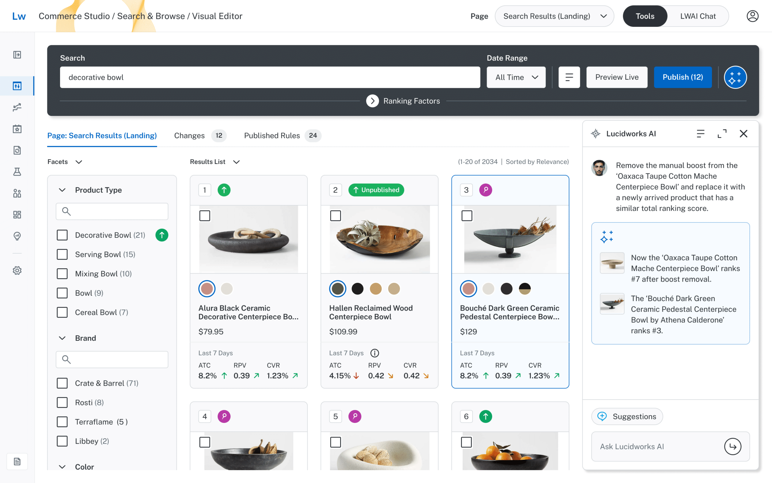 Commerce Studio screenshot of search results (landing) and Lucidworks AI capabilities