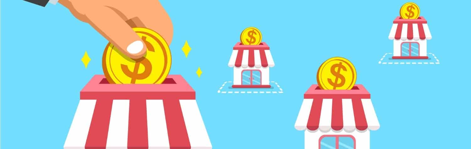 franchise business concept hand putting coin in stores vector id967974658