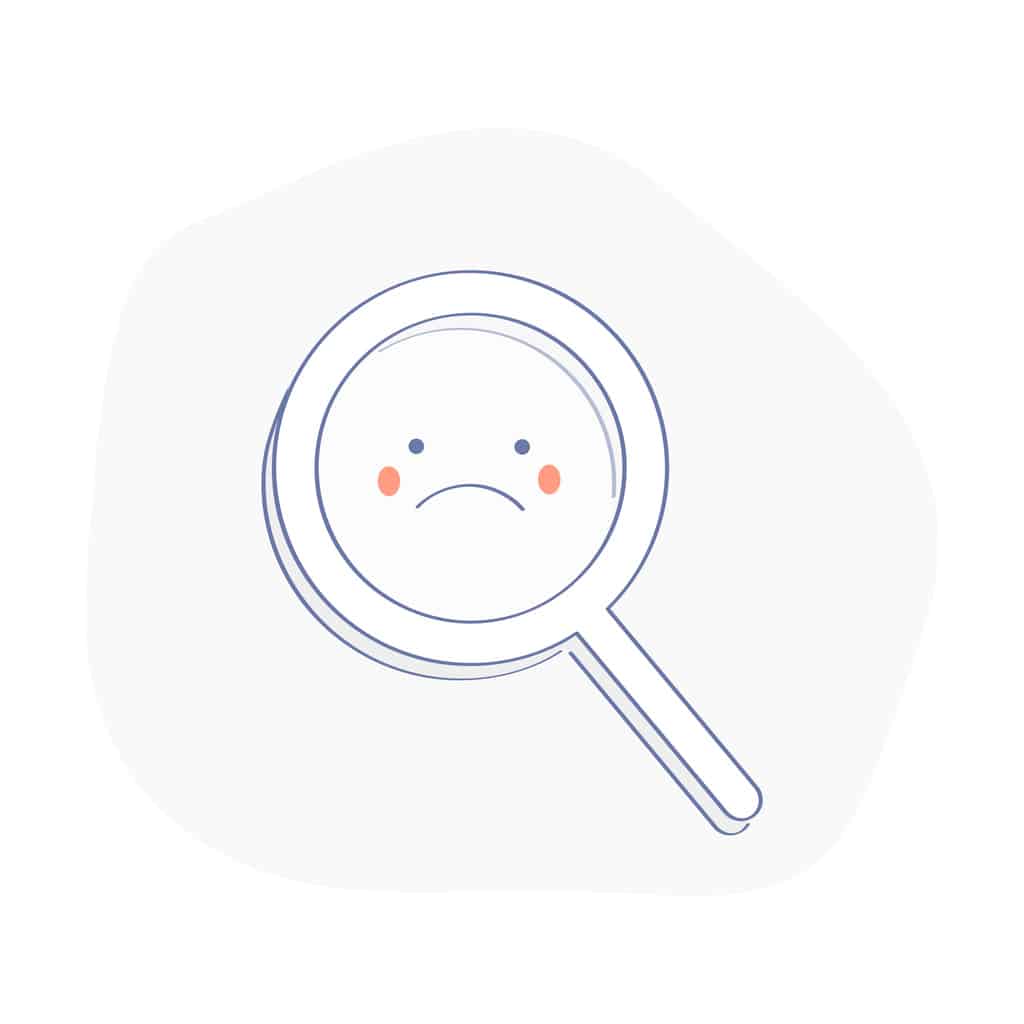 Verärgerte Lupe, niedliches nicht gefunden-Symbol, erfolglose Suche, Zoom, 404-Symbol, keine passenden Ergebnisse, oops, Misserfolgskonzept. Flache Vektor-Illustration einer Lupe oder eines Vergrößerungsglases auf Weiß.
