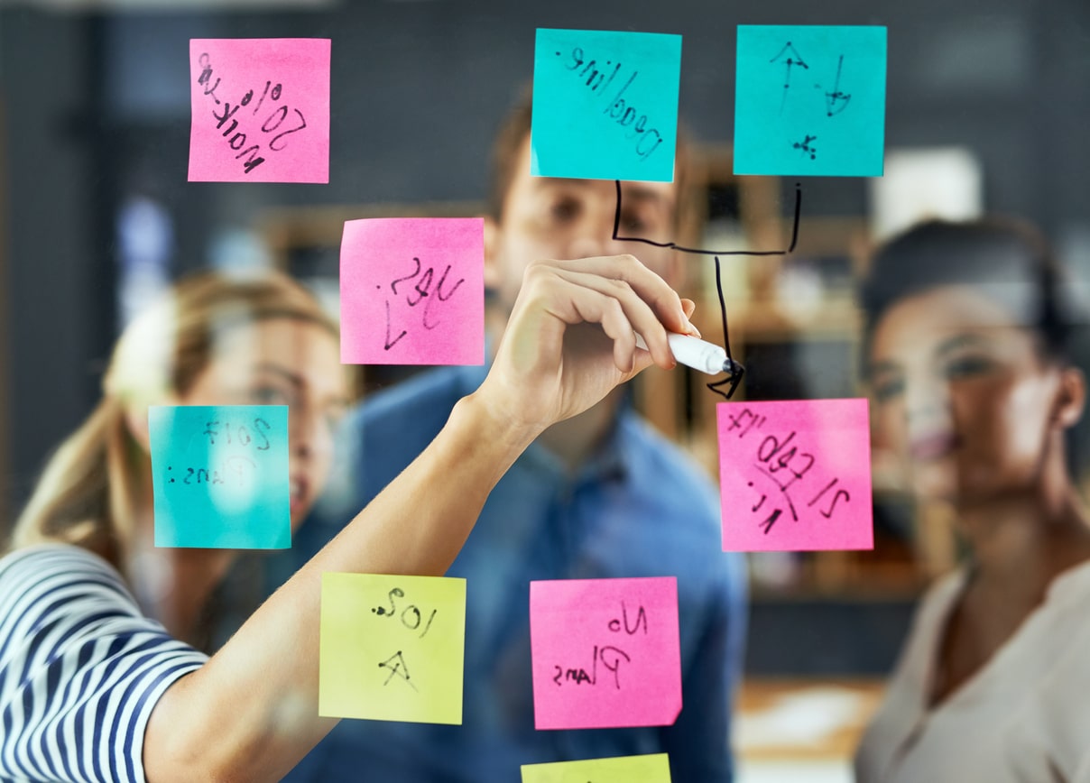 A diverse team collaborates around a whiteboard filled with colorful sticky notes representing various concepts and ideas. They are actively connecting these notes with lines and arrows, illustrating the process of semantic search in the B2B commerce space. This visual brainstorming session demonstrates how businesses can map out complex relationships between products, services, and customer needs to deliver more relevant search results and personalized experiences. 