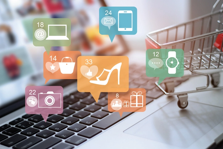 Shopping icons over laptop keyboard