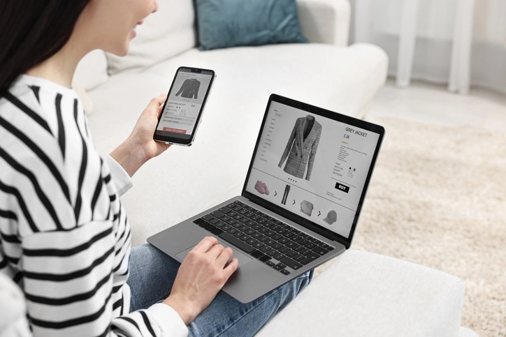 Woman shopping online with devices