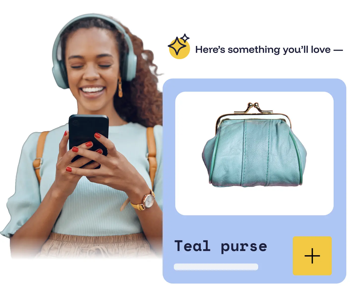 Woman holding phone with teal purse