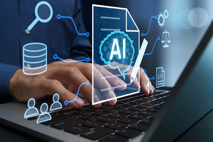 Tippen mit den Händen mit KI-Grafik-Overlay