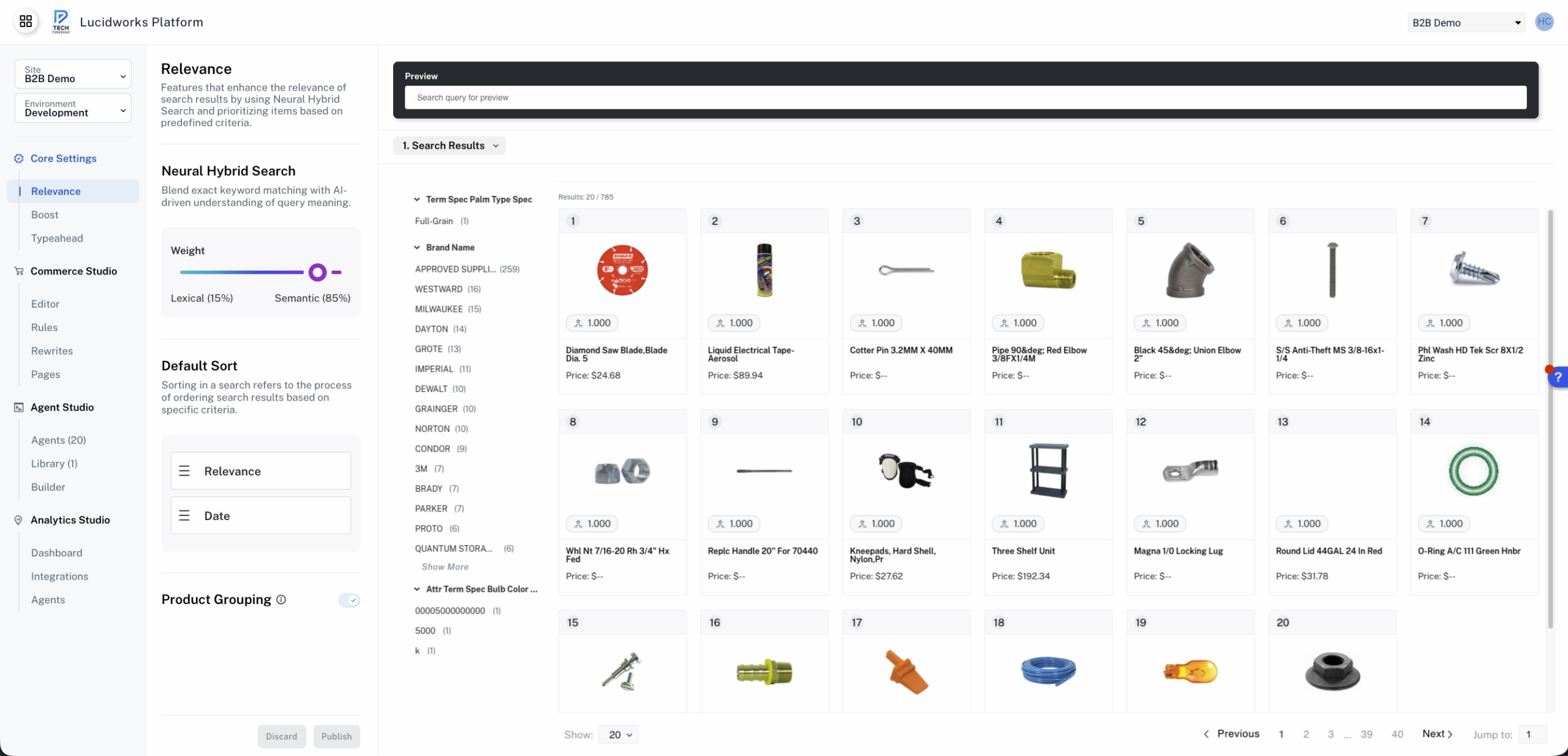 Product search results grid layout
